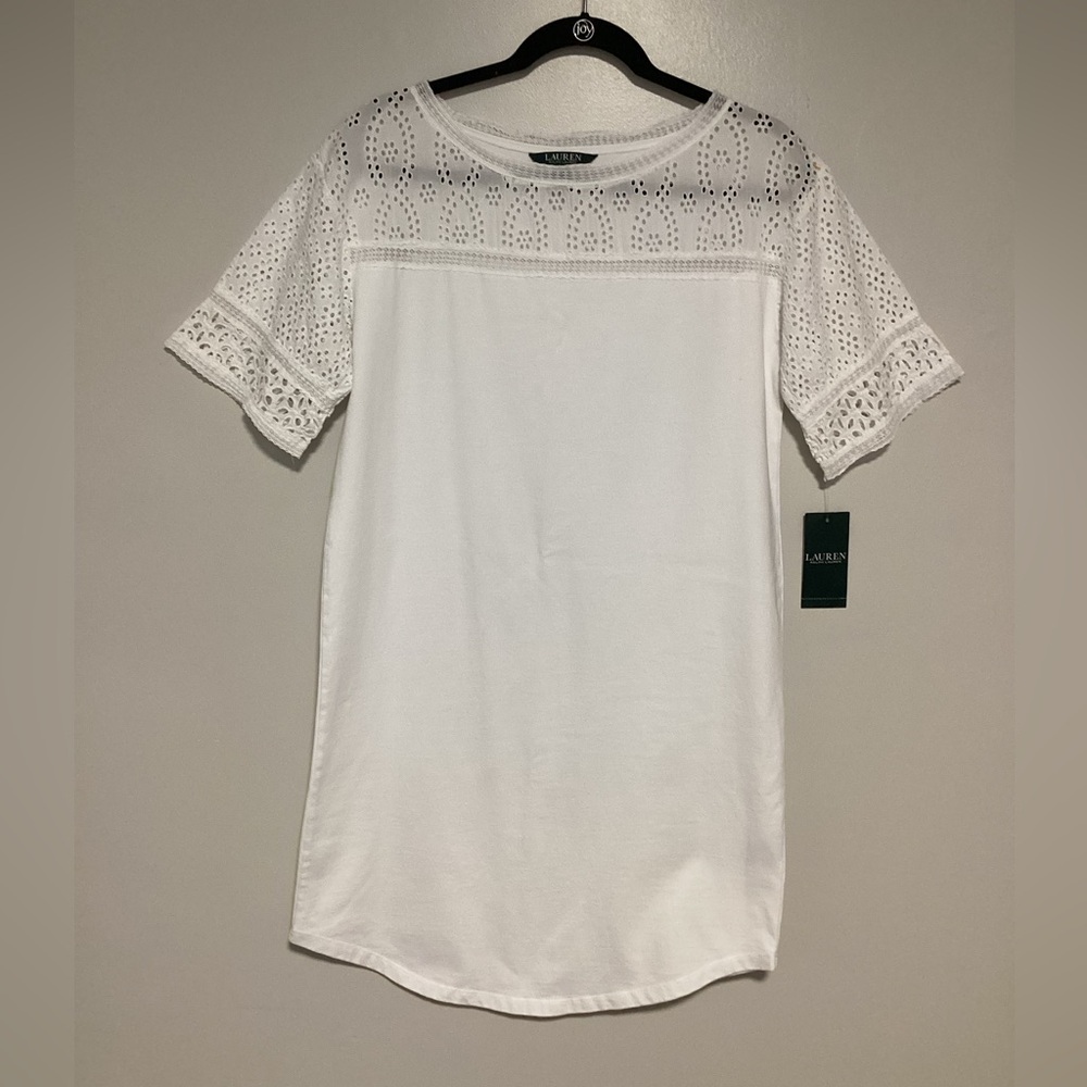 Lauren Ralph Lauren Dress T Shirt Women Size S Eyelets Knit Shiff White Summer